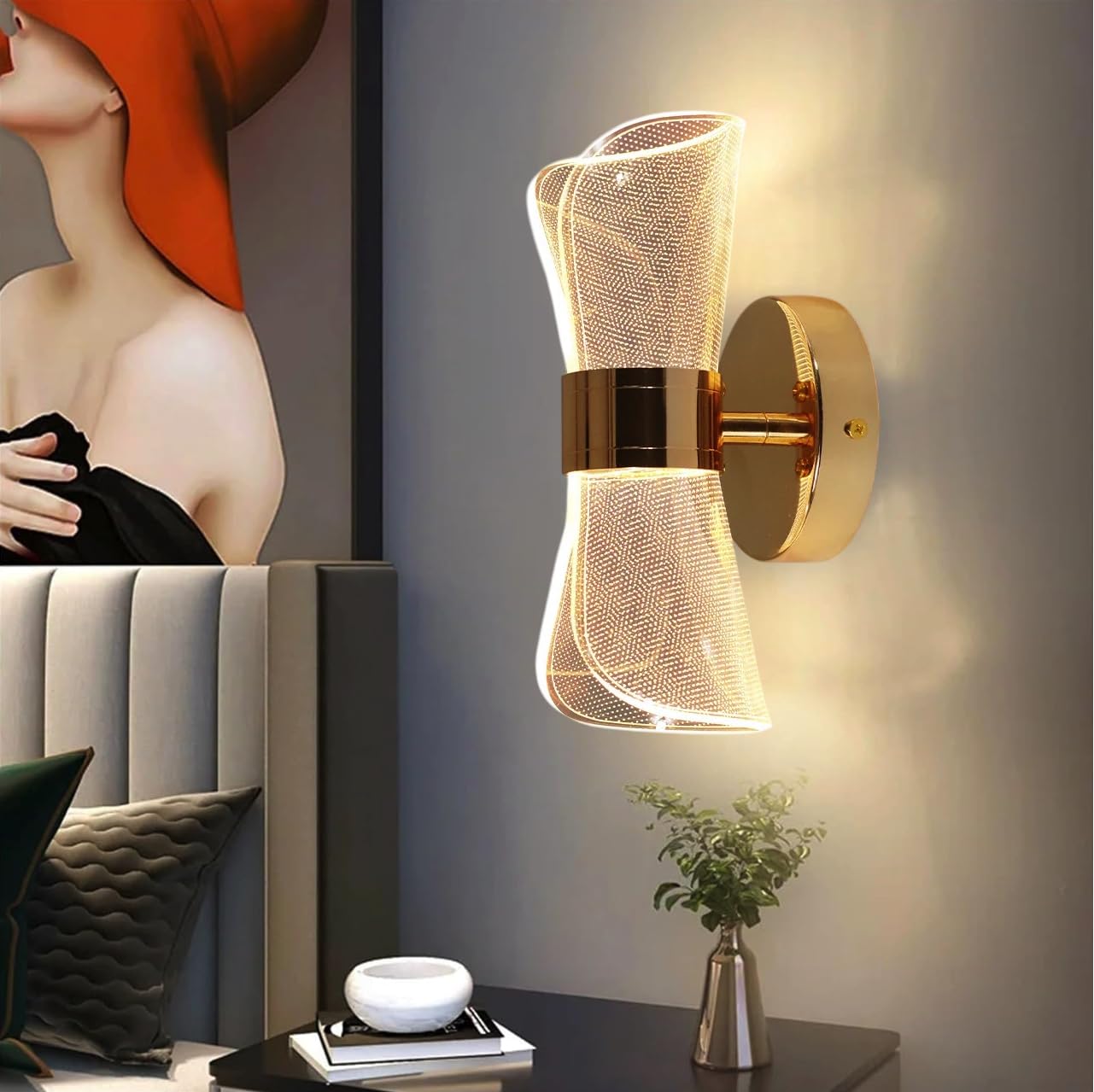 Groeien 12W | 3 Color LED Nordic Sconce Golden Mesh Transparent Indoor Home Acrylic Wall Lamp for Bedroom Living Room Corridor Lighting Fixtures Wall Mount(Warm+Natural+Coolwhite)