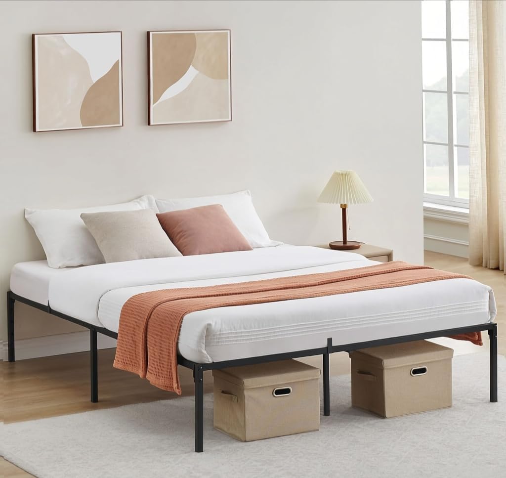 14 Inch Double Bed Frame Platform, Metal Double Size Bed Frames with Heavy Duty Steel Slat Support/No Box Spring Needed/Under-Bed Storage/Noise Free, Easy Assembly, Black