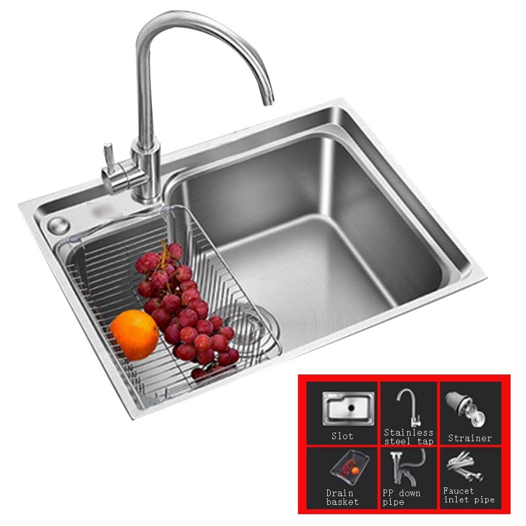ZQFHSX Kitchen Fixtures Square Sink Home Silver 304 Stainless Steel Single Basin for Under Counter and Embedded Installation (Color : Silver, Size 62 * 44 23cm)