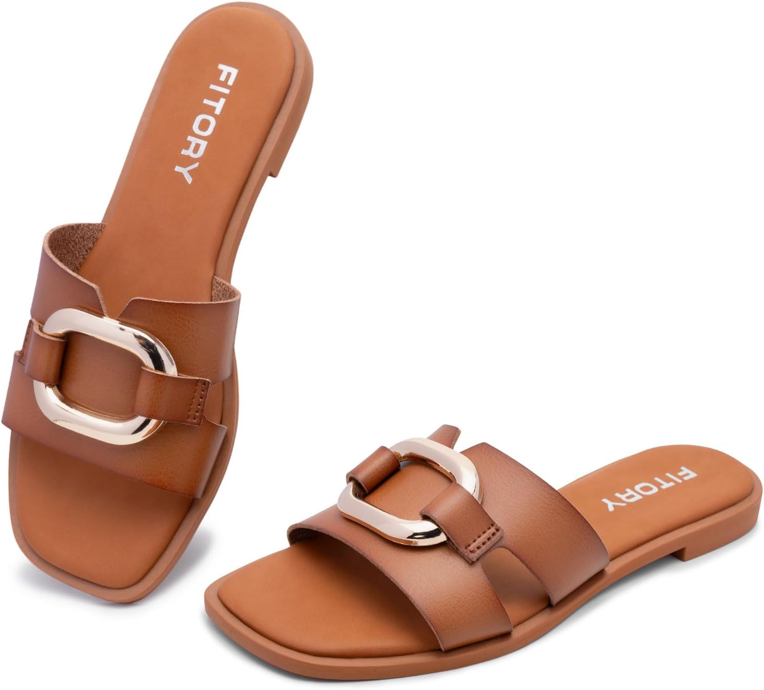 FITORY Women's Flat Sandals Fashion Square Open Toe Slides With Metal Chain Slippers for Summer Size 6-11