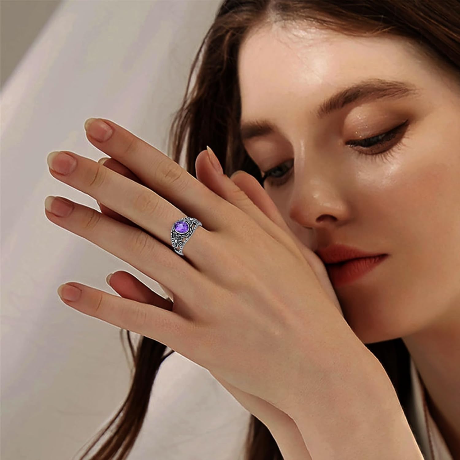 Natural Amethyst Rings for Women S925 Sterling Silver Round Purple Healing Crystal Gemstone Birthstone Statement Ring Jewelry for Mom Girlfriend in Size