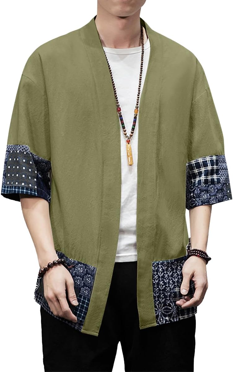 PRIJOUHE Men's Kimono Jackets Cardigan Lightweight Casual Cotton Blends Linen Seven Sleeves Open Front Coat Outwear - Image 2