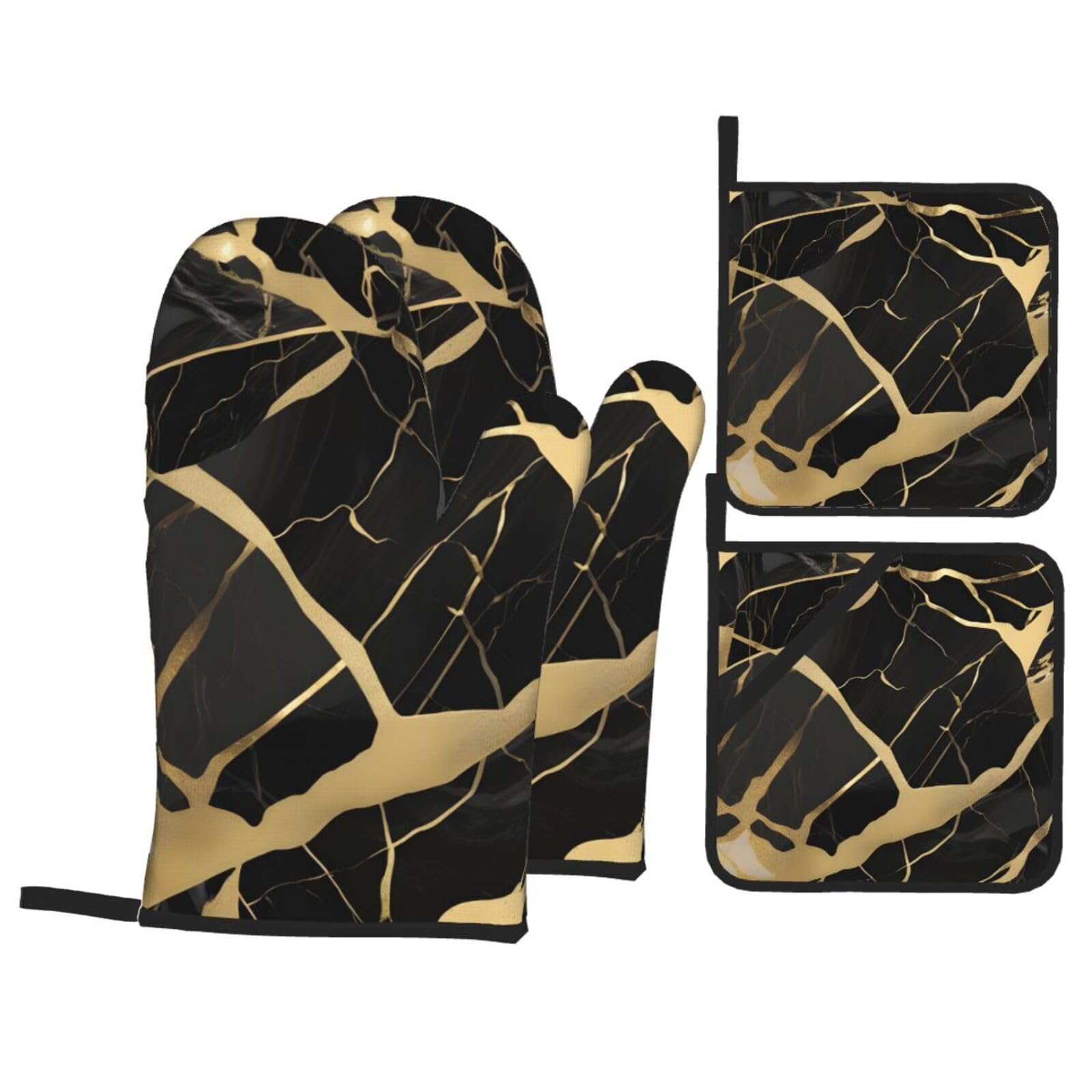 black marble texture gold Print 4-Piece Heat-Resistant Oven Waterproof Kitchen Gloves Cooking Roasting Essential