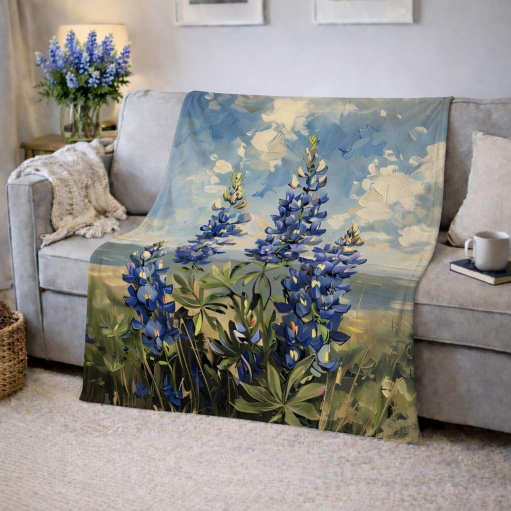 Bluebonnet Blanket, 60" x 80" Lightweight Soft Floral Throw, Gifts for Women