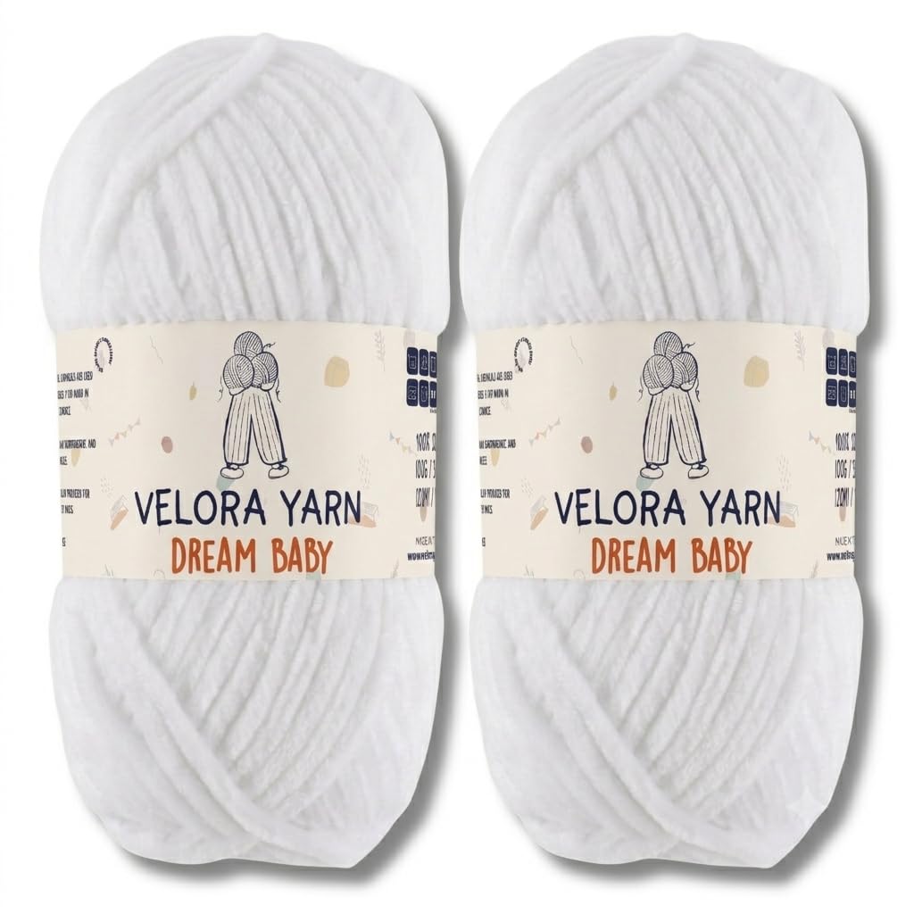 Velora Dream Baby Chenille Yarn Soft Thick Chunky Yarn Skein 100g 120m, Machine Washable for Knitting&Crochet Blanket, Amigurumi, Scarf, Hat,Sweater,Plushies (VY001-White, Pack of 2)