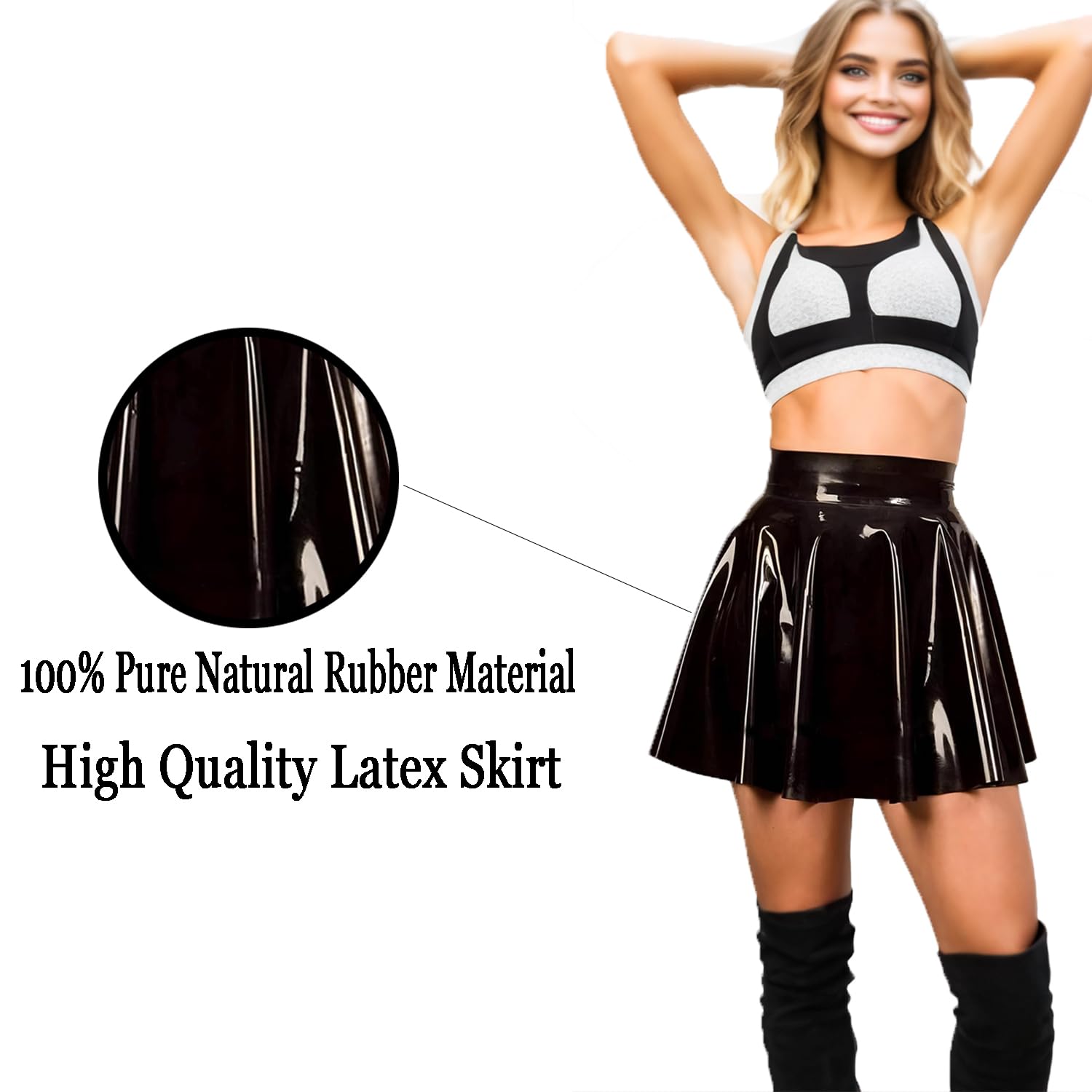 Dame Mode Noire Jupe Latex,Caoutchouc Naturel Jupe Mini Faite Main,Convient aux Tenues Club Caoutchouc Fantaisie