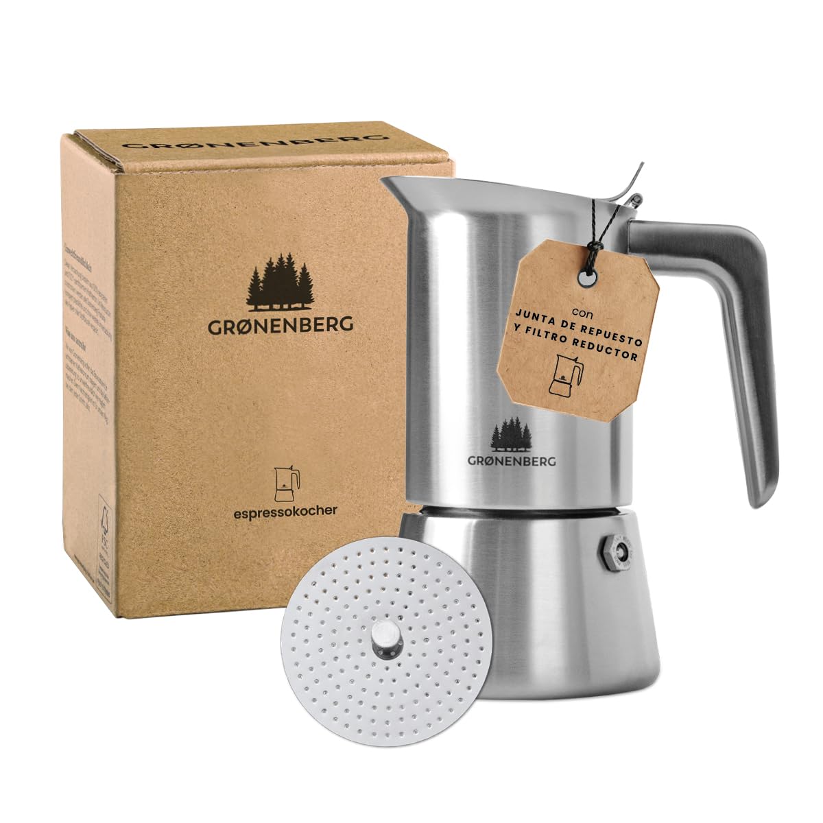 Groenenberg Spar Set 4 | Espressokocher Edelstahl 4 Tassen + Kaffeemühle manuell | Induktion Espressokanne (200ml) + Handkaffeemühle