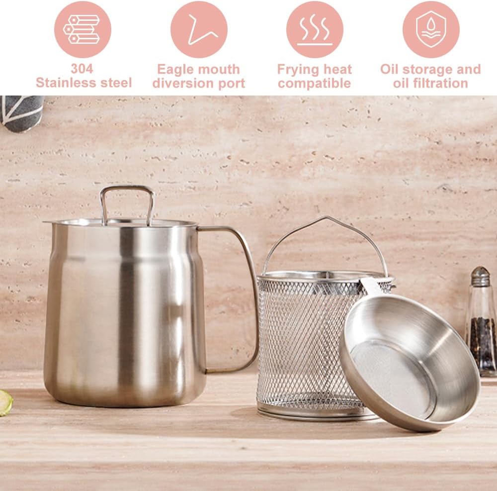 Dhqkqg Récipient à Huile Inox 304 2L - Filtration Fine, Panier à Friture Intégré - Description