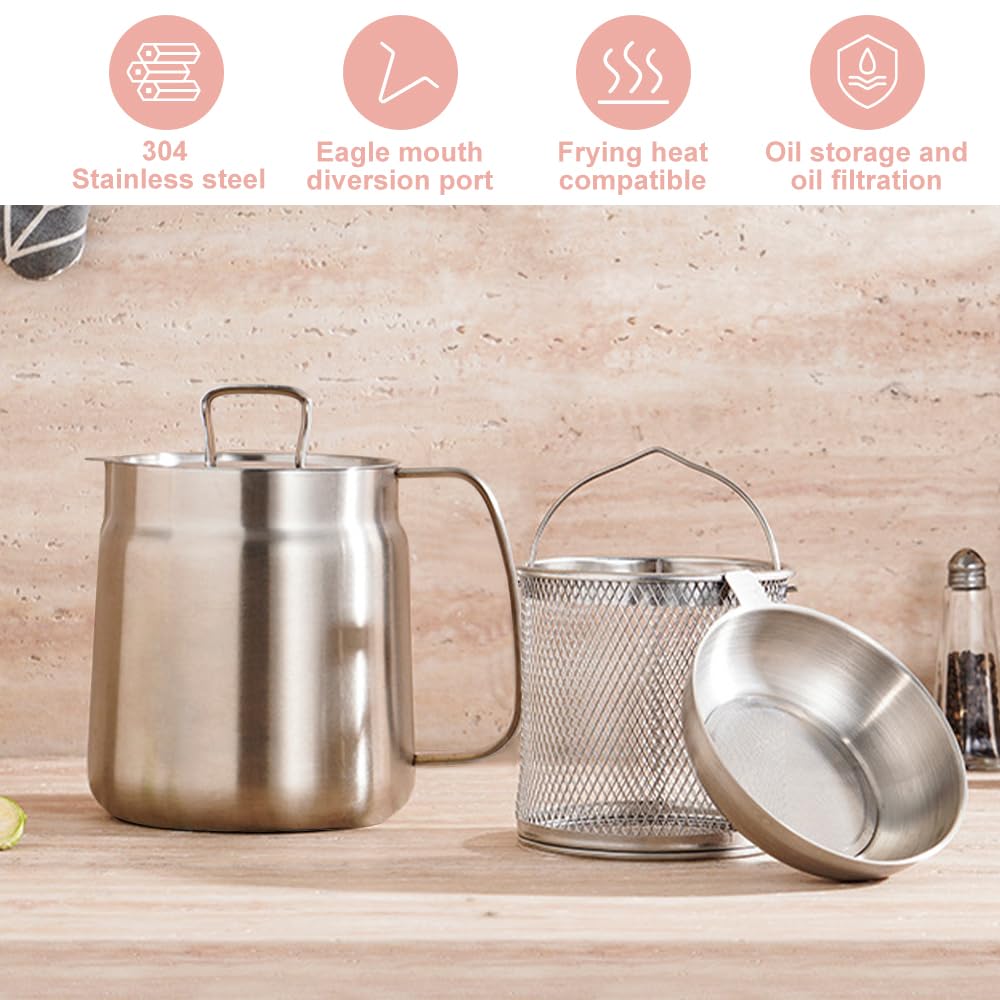 Stainless Steel Oil Filter Pot 2L, Contenitore per Grasso con Filtro a Maglia Fine e Coperchio, Bacon Grease Container, Large Capacity Versatile Oil Filter Pot per Conservare Olio da Frittura