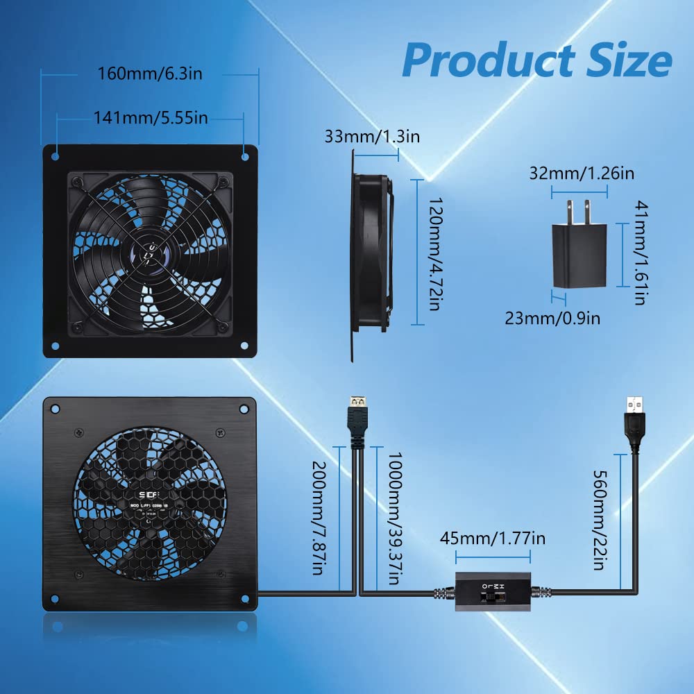 USB-Gehäuse, 120 mm, leises Lüftersystem, 15,2 cm, mit Geschwindigkeitsregelung, für Heimkino-AV-Schränke (2 Stück)