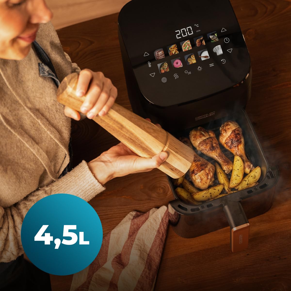 Cecotec Air Fryer Cecofry&Grill Smokin' 4500. Friteuse à Air sans Huile, Grill, Plancha, Fonction Fumoir, Résistance Double, Cuisson Uniforme, Idéale pour Viandes et Pizzas
