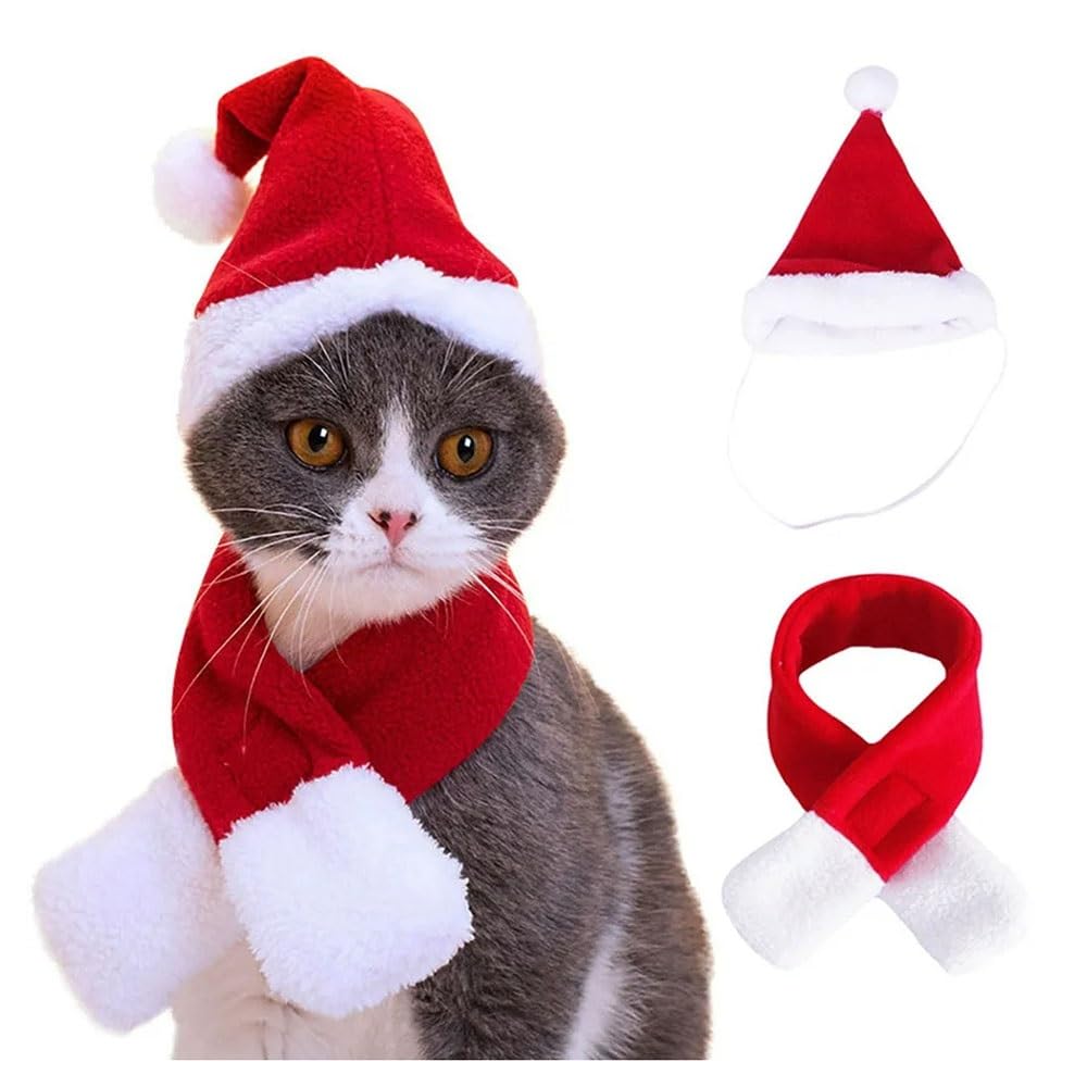 Conjunto De Gorro Navideño For Mascotas, Conjunto De Bufanda Y Gorro Navideño For Gatos, Ropa Navideña For Cachorros Y Perros, Disfraz Navideño De Papá Noel For Mascotas, Conjunto Rojo De Papá Noel De