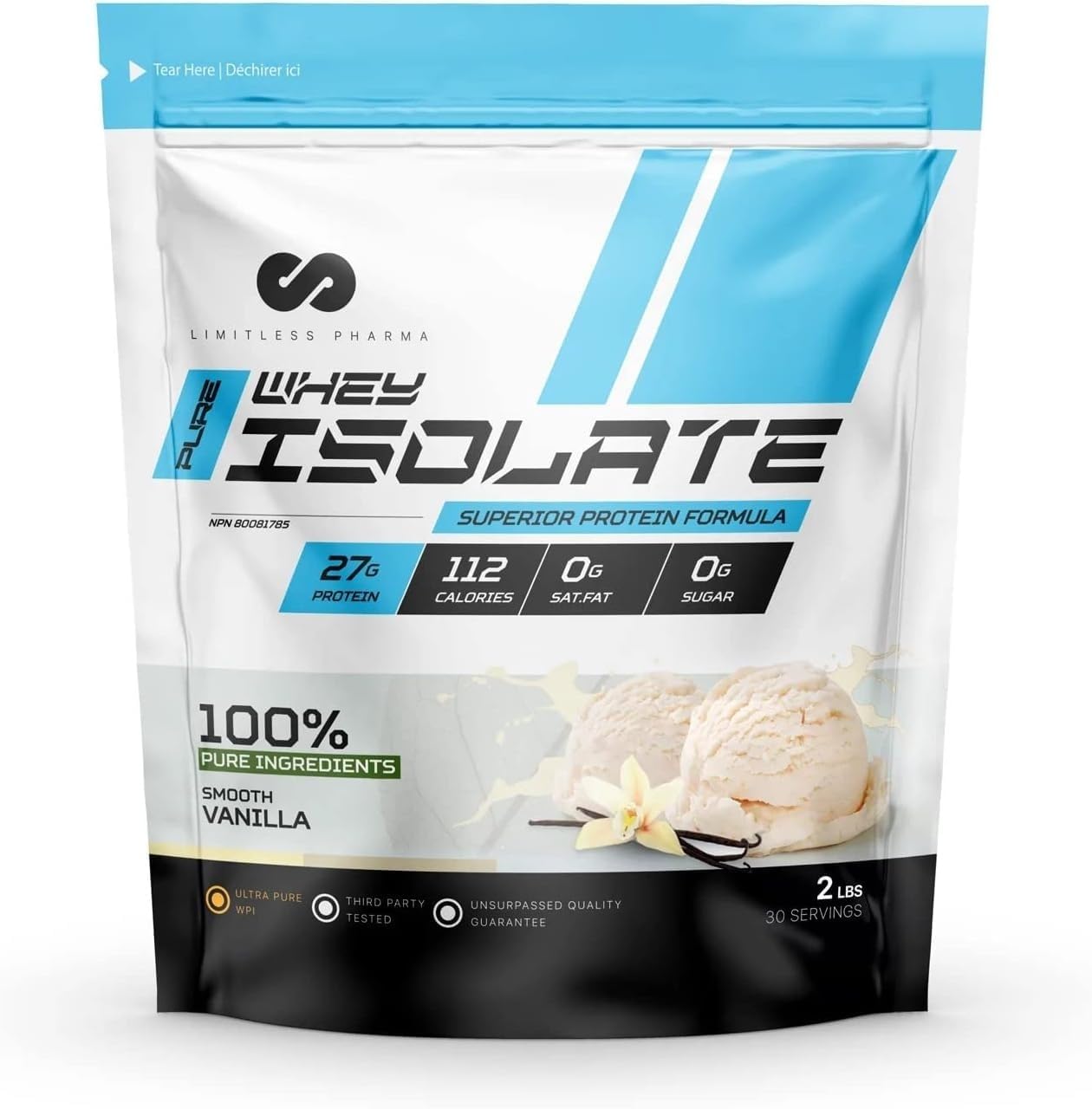 Limitless Pharma Pure Whey Isolate | High Protein Whey Isolate Powder | 27g Protein, 6g BCAAs, Sugar Free, Gluten Free, Low Carb, Low Lactose | 30 Servings, 2LB (Vanilla)