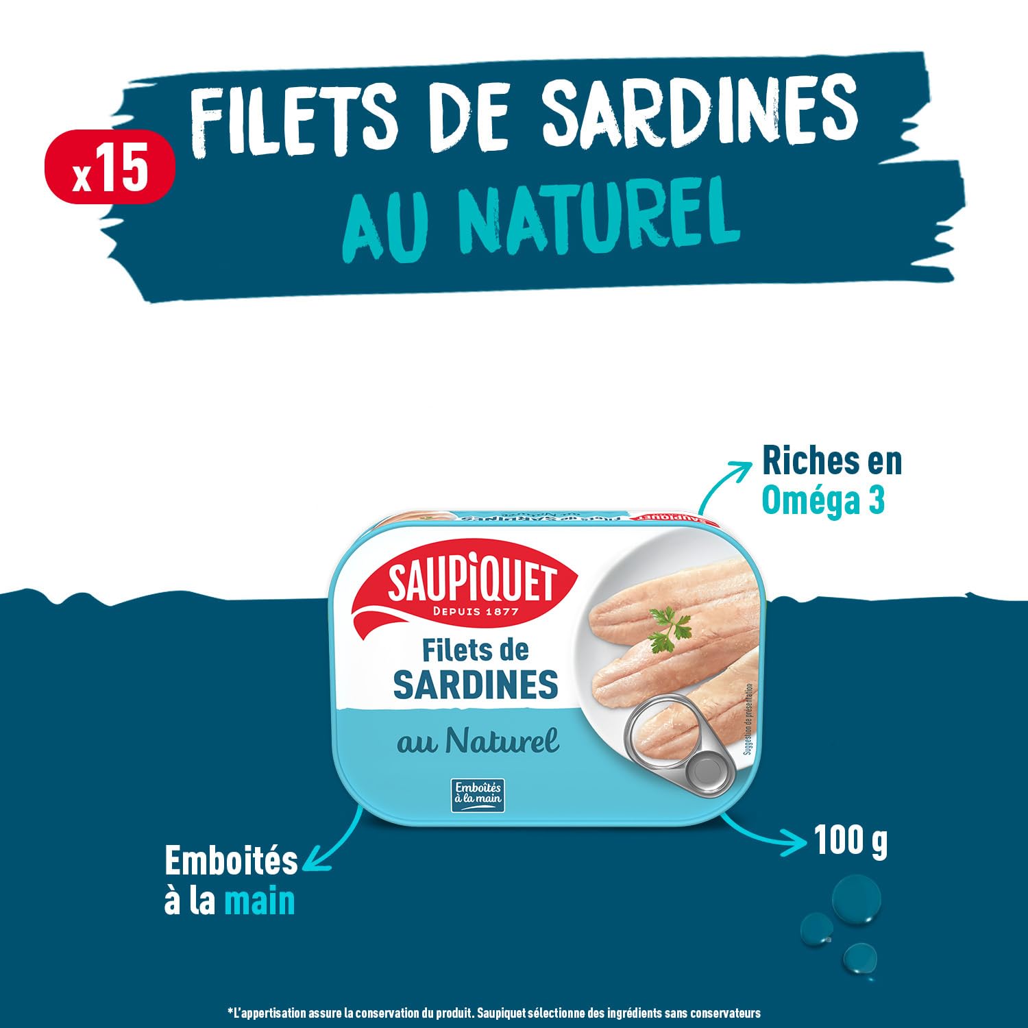 SAUPIQUET - Filets de Sardines au Naturel - Sans Arêtes - Sans conservateurs, colorants ni arômes artificiels - Issus d'une Pêche Traçabilité Garantie - 15 Conserves (100 g)