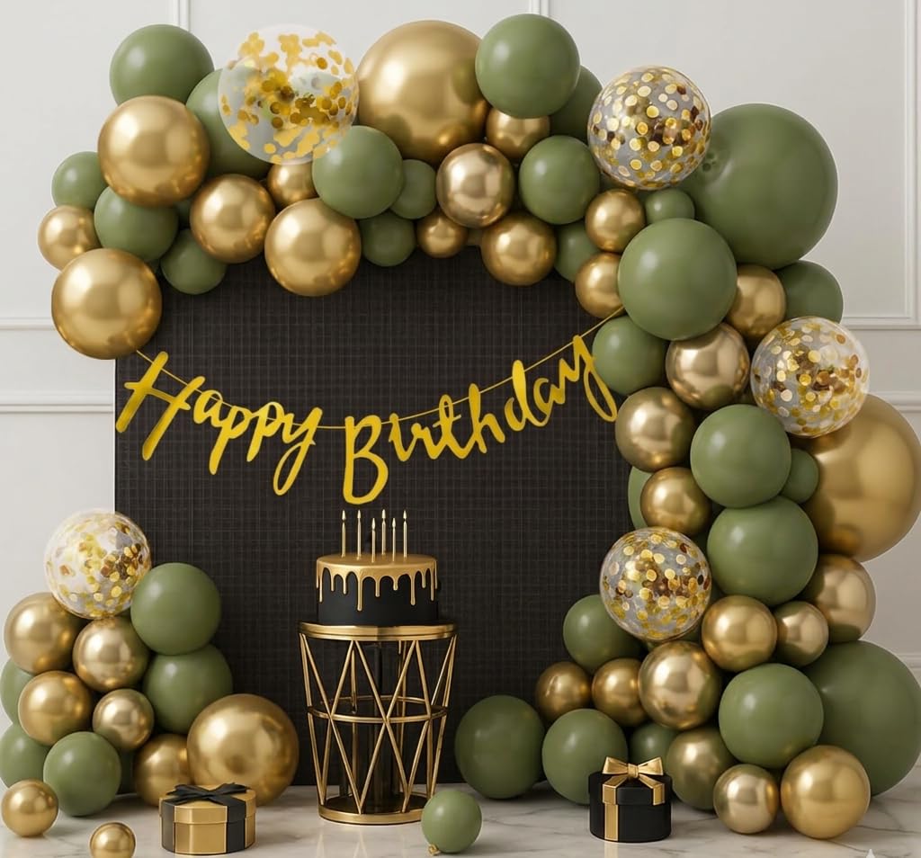 Olive Green and Golden Balloons Birthday Decoration Kit - 57Pcs for Men, Boys, Husband, Golden Balloons for Birthday, Happy Birthday Banner | Black Theme Decoration | Gold Theme Decoration-image-48