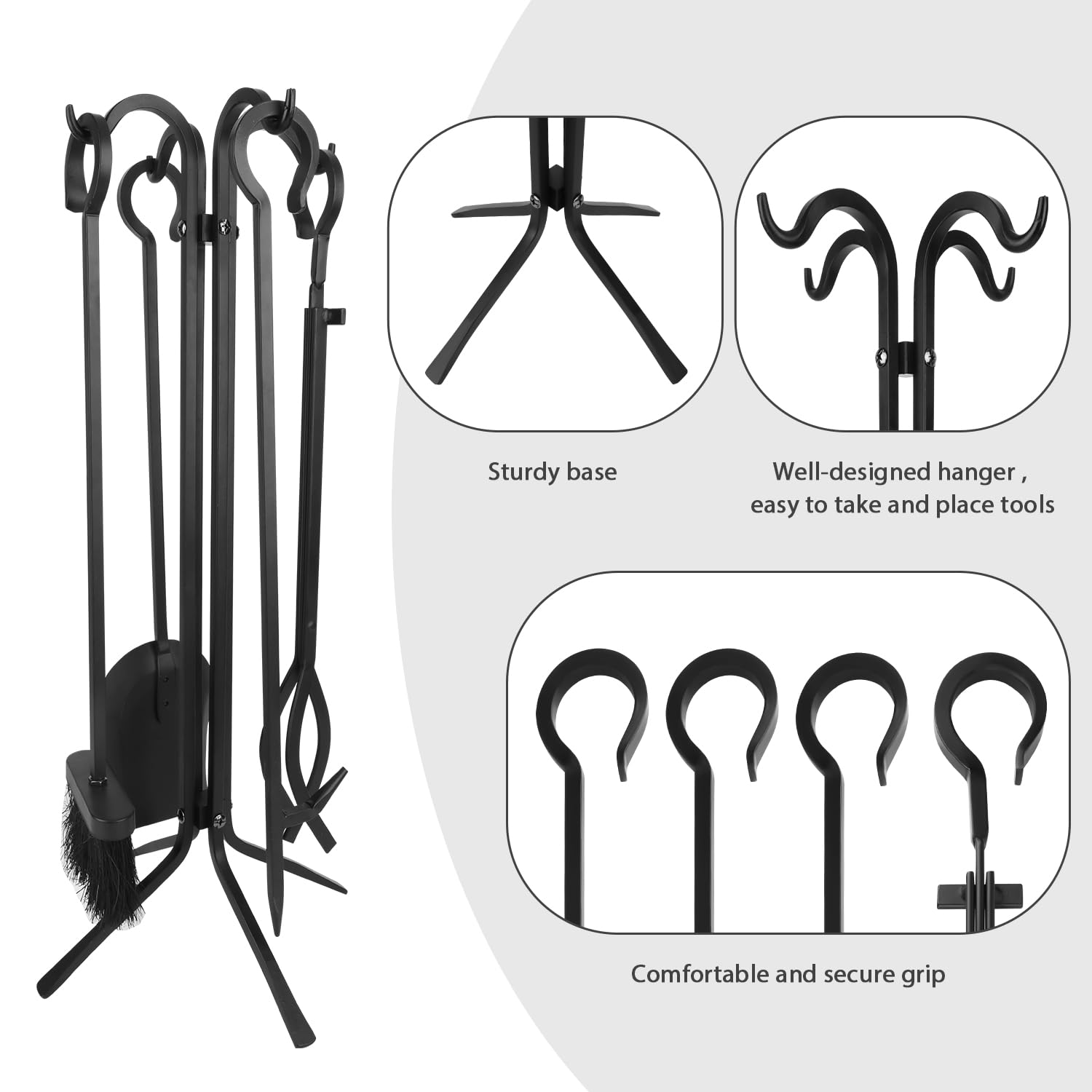 Kaminbesteck aus robustem Stahl, 5-teiliges Set mit Holzzange, Ascheschaufel, Schürbürste und Ständer, langlebig, hitzebeständig und rostfrei, modernes schwarzes Design für den Innen- und