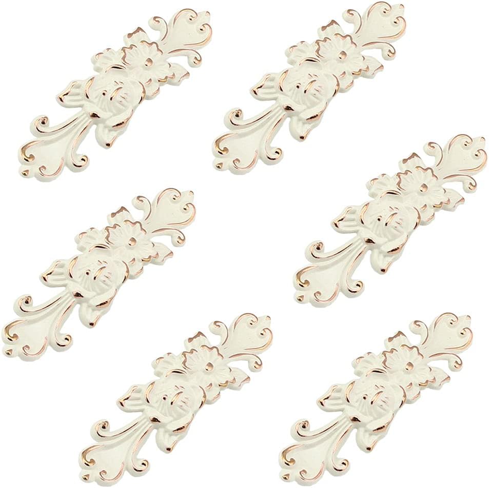 6Pcs Vintage Flower Drawer Handles Pulls Cabinet Knobs Zinc Alloy Kitchen Dresser Handle Furniture Hardware (3.8'' Hole Center, White & Gold Edge)