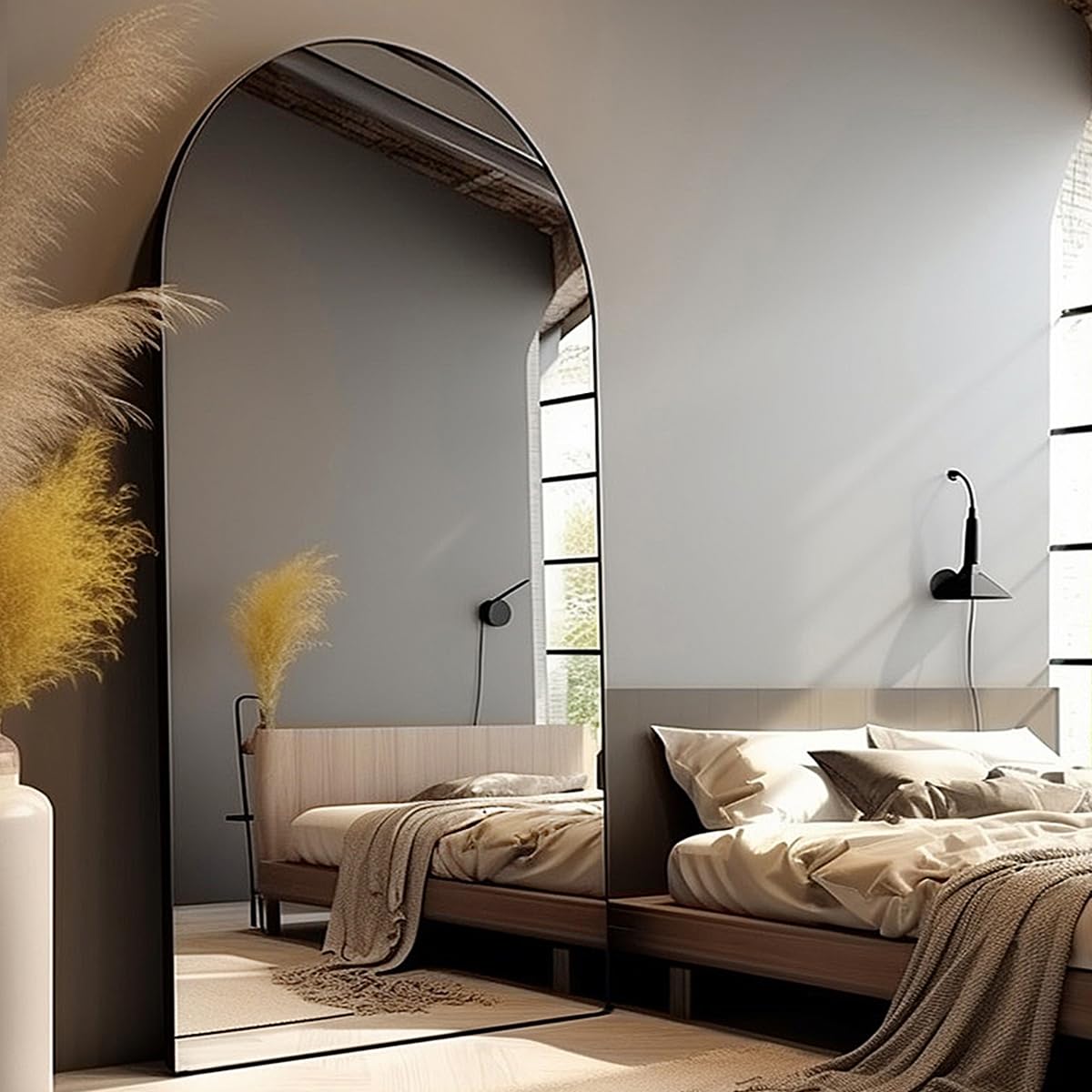 Floor Mirror, Oversized Full Length Mirror, Arched Mirror, Large Standing Mirror, Tall Mirror, Wall Mounted, FreeStanding, Giant Mirror, 81"×41", Aluminum Frame - Black