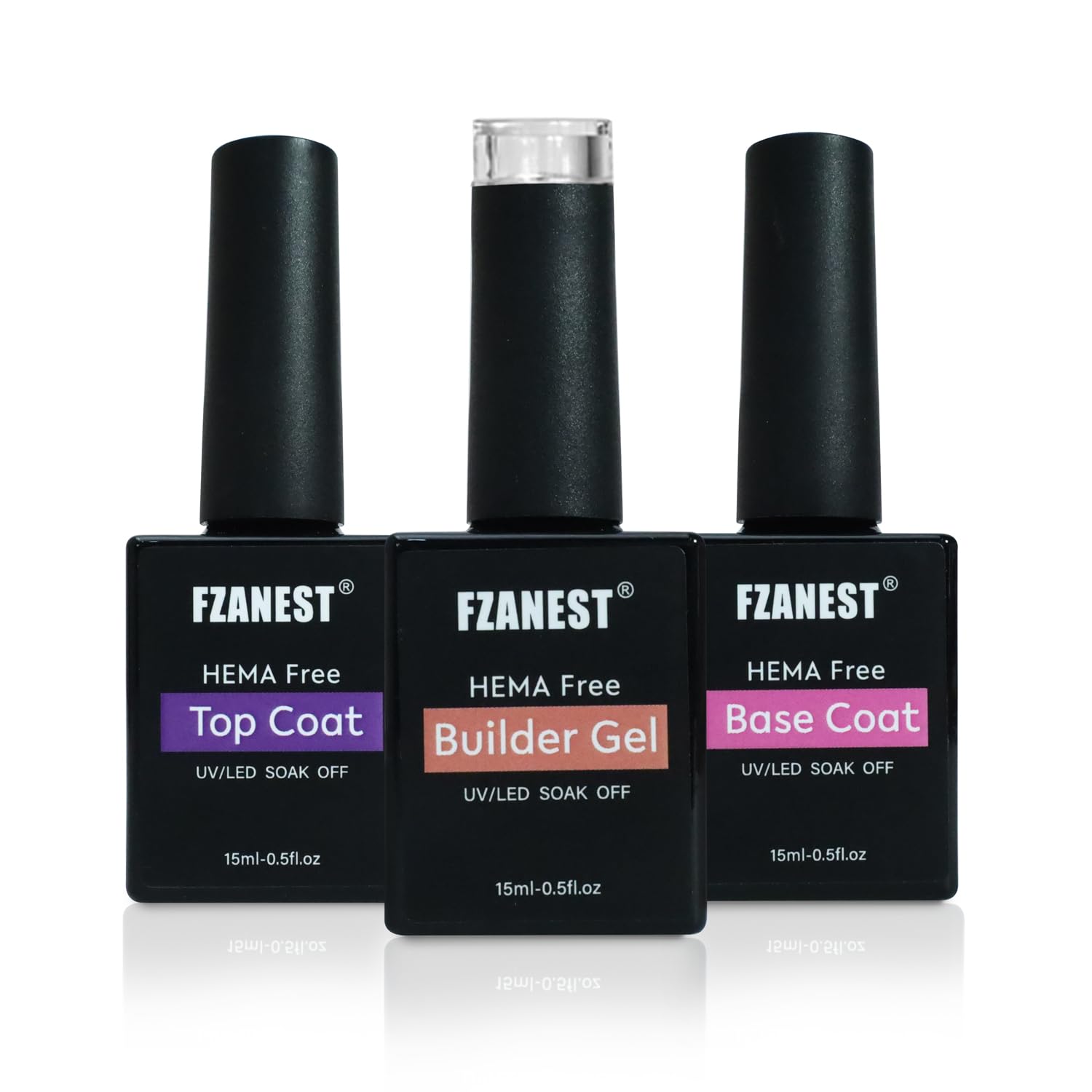 FZANEST Hema-free Builder with Gel Top and Base Coat, 15ml 3Pcs Gel Nail Kit for Nail Thickening Apex Building Extension Long Lasting Nail Protection Soak Off Led UV Glossy Gel