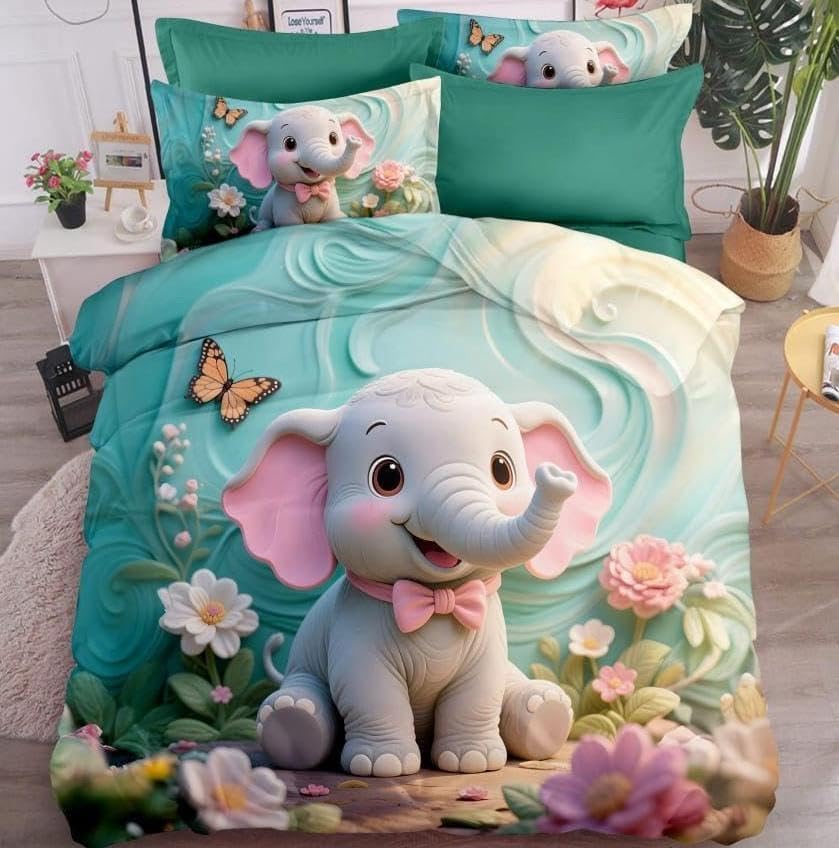 Cute Elephant Bedding Set with Butterflies and Flowers, Microfiber, Double Size, 3 Piece Set with Duvet Cover and Pillow Covers,