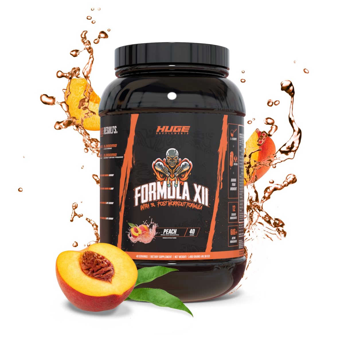 Huge Supplements Fórmula XII Pós-treino em pó com Cluster Dextrin®, creatina monohidratada, L-glutamina e L-ornitina, pêssego, 1,42 kg