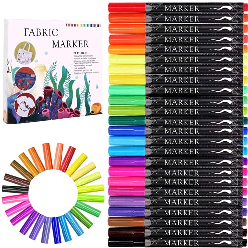 Fabric Marker, Emooqi 24 Colors Textile Marker , No Bleed Fabric Pen Permanent and Washable T-Shirt Marker,Ideal for Decorate T-shirts, Bibs, Textiles, Shoes, Handbags, Graduation Signatures