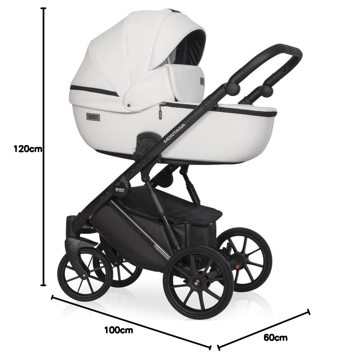 Passeggino in ecopelle Riko Basic Montana Ecco 2 in1 BBtwin. Carrello in ecopelle due pezzi e accessori. Bianco
