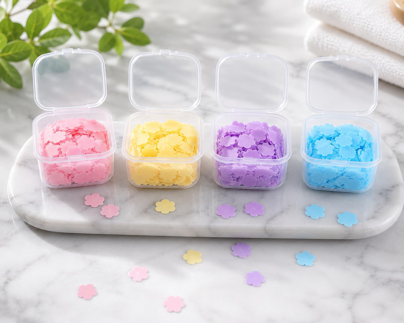 Mini Portable Travel Soap Paper Sheets Flower Shape Disposable Hand Cleaning Hand Toilet Paper Foot Care Cleaners Washing (100 Pcs Set/Mix Color)-image-42