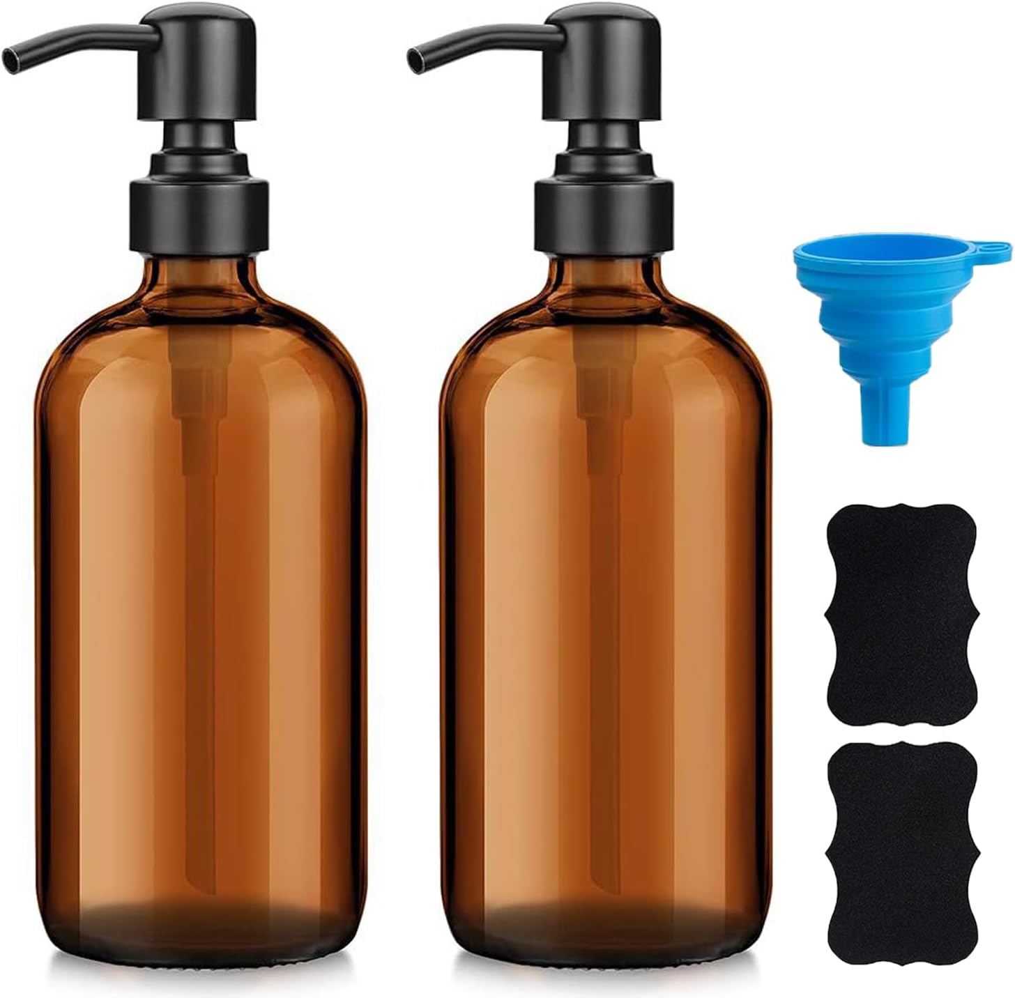 FSONA Amber Glass Soap Dispenser, 2 Pack 16 Ounce Soap Dispenser with ...