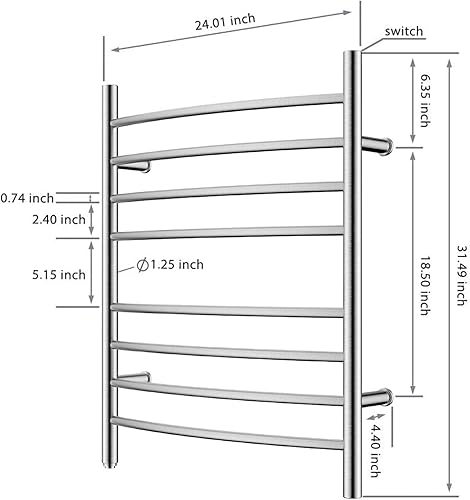 Miniatura 23 de HEATGENE Calentador de toallas de 8 bares, calentador de toallas de baño curvo, calentador de toallas para baño, estante de secado enchufable