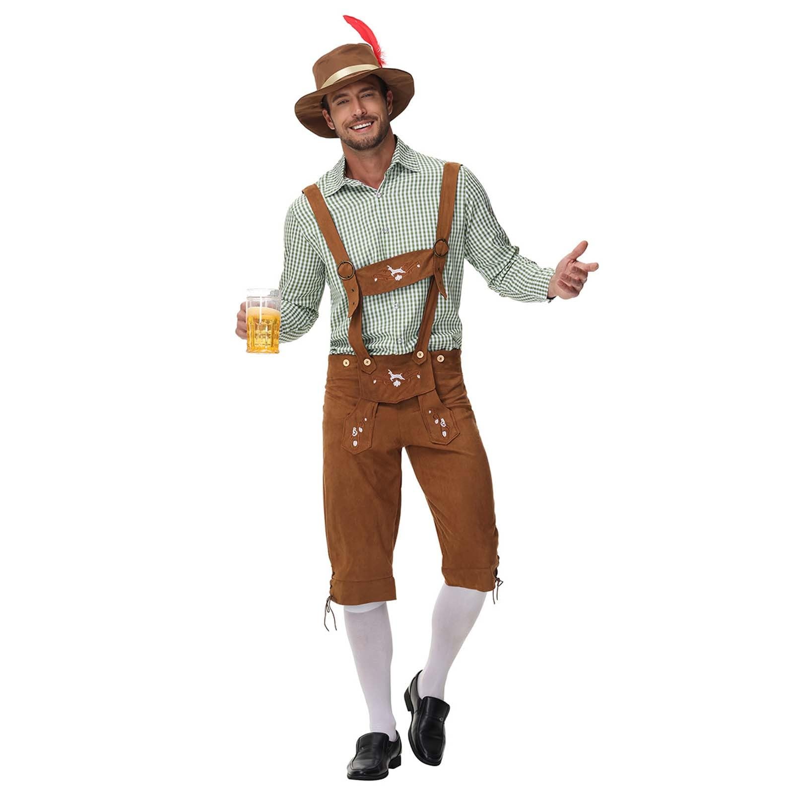 Lederhose Herren Kurz Braun,Lederhosen Mit TräGern Trachtenhose Mit Stickerei Elegant Und Bequem Trachtenhosen Hemd Oktoberfest Lederhose Outfit