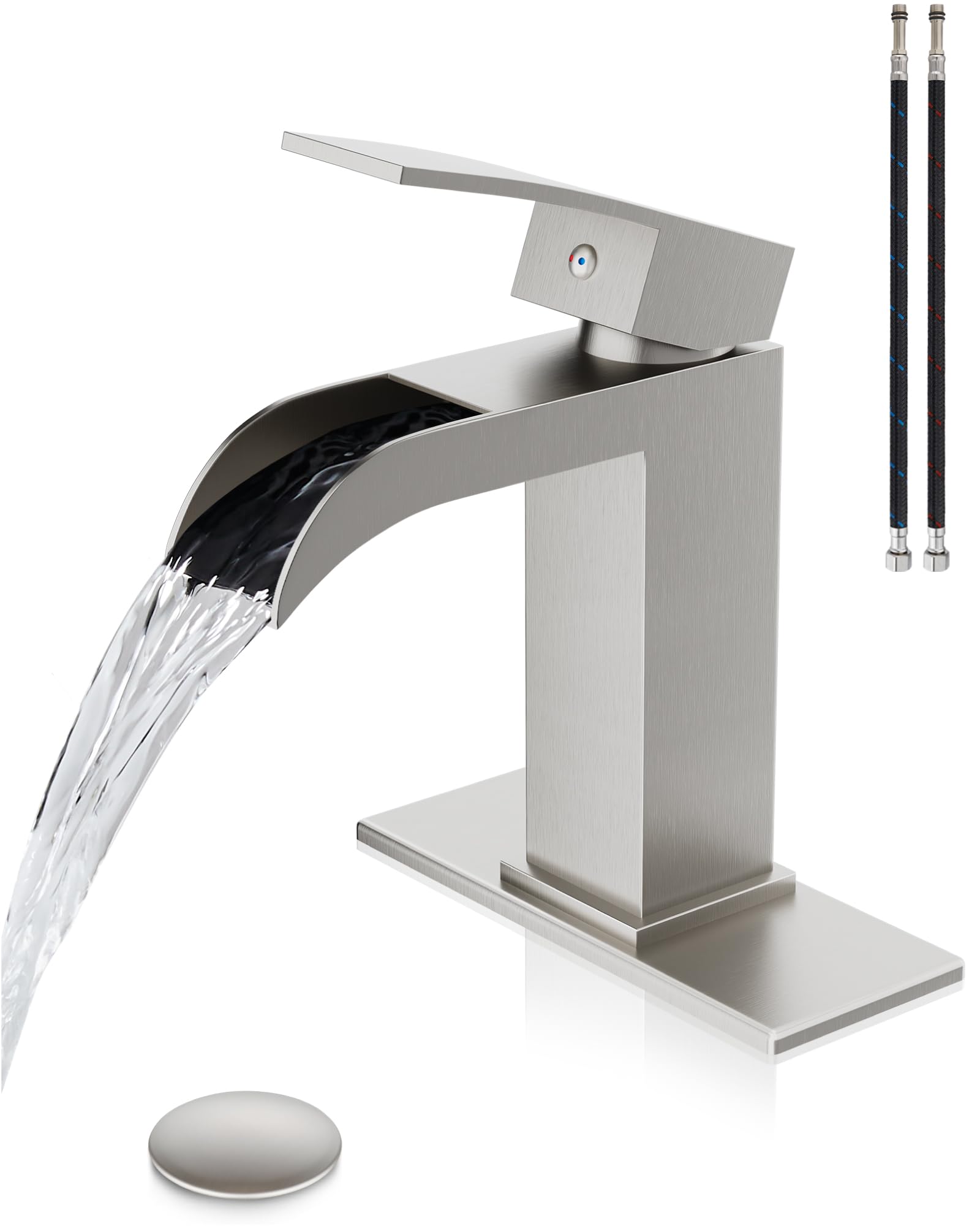 Midanya Grifo de baño de cascada, grifo de lavabo de baño de una sola manija para fregadero de 1 o 4 pulgadas, 3 agujeros, grifos de tocador de acero inoxidable con placa de cubierta y drenaje