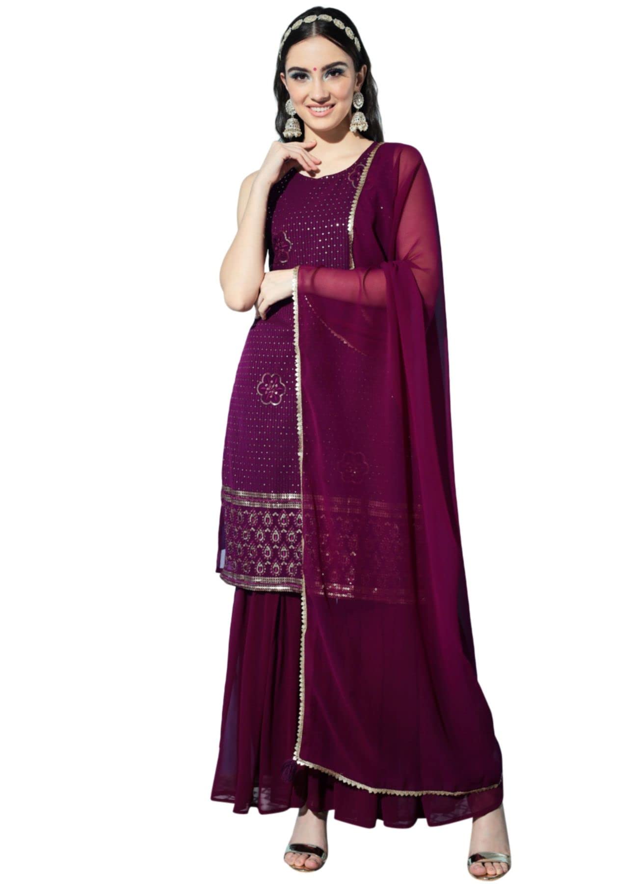 Shopping Queen Womens Georgette Embroidered Kurta and Sharara Dupatta Set