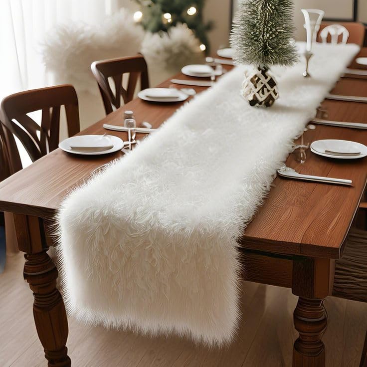 White Faux Fur Table Runner, Christmas Holiday Dining Decor, Big Size - 36 cm Wide & 172 cm Long (White)-picture-17