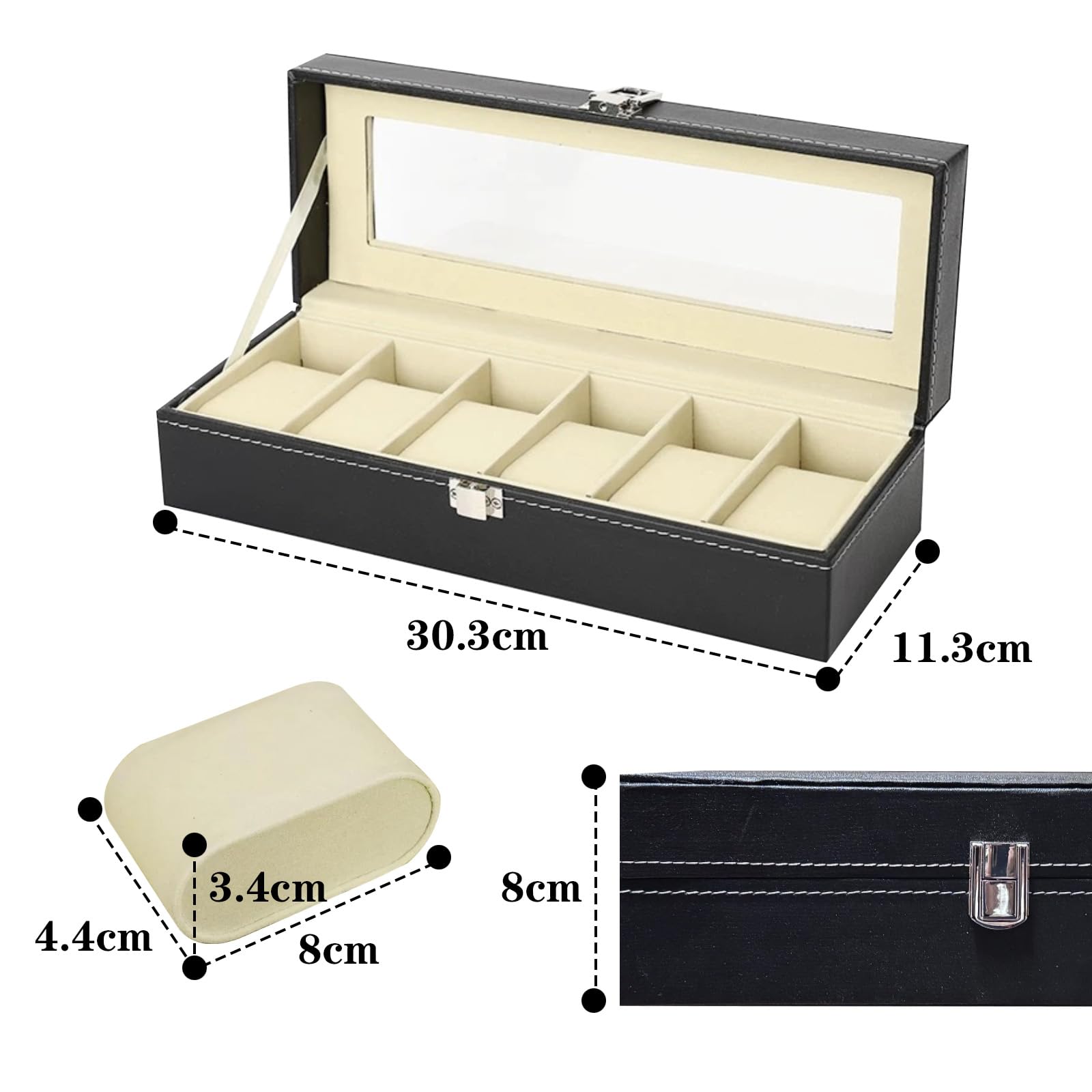 Estuche para Relojes con 6 Compartimentos, Tapa de Cristal, Organizador, Regalo Hombre, Negro