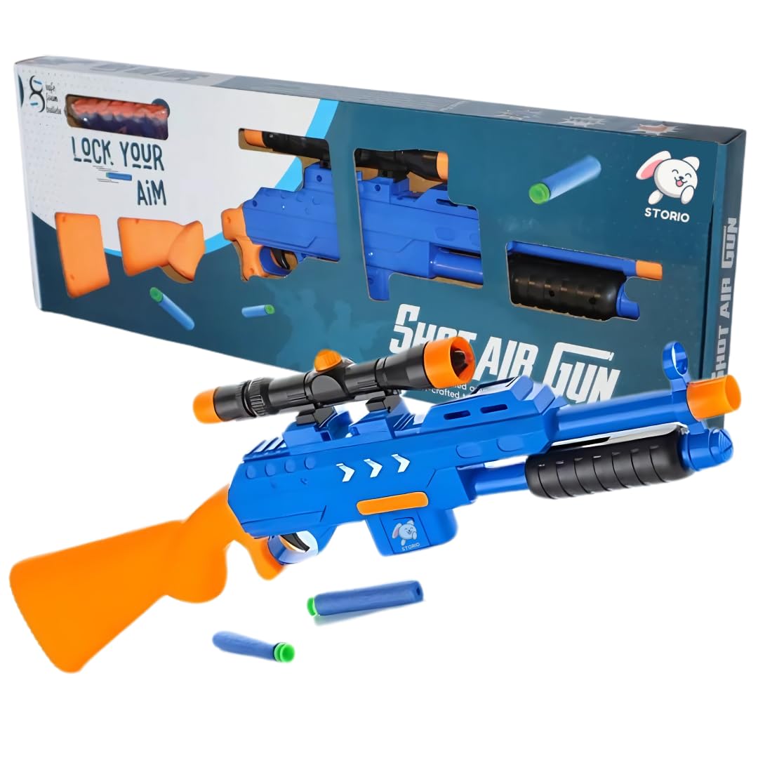 Storio Toys Blaze Storm Manual Soft Suction Bullet Gun Toy with 10 Safe Soft Foam Bullets, Fun Target Shooting Battle Fight Game for Kids Boys