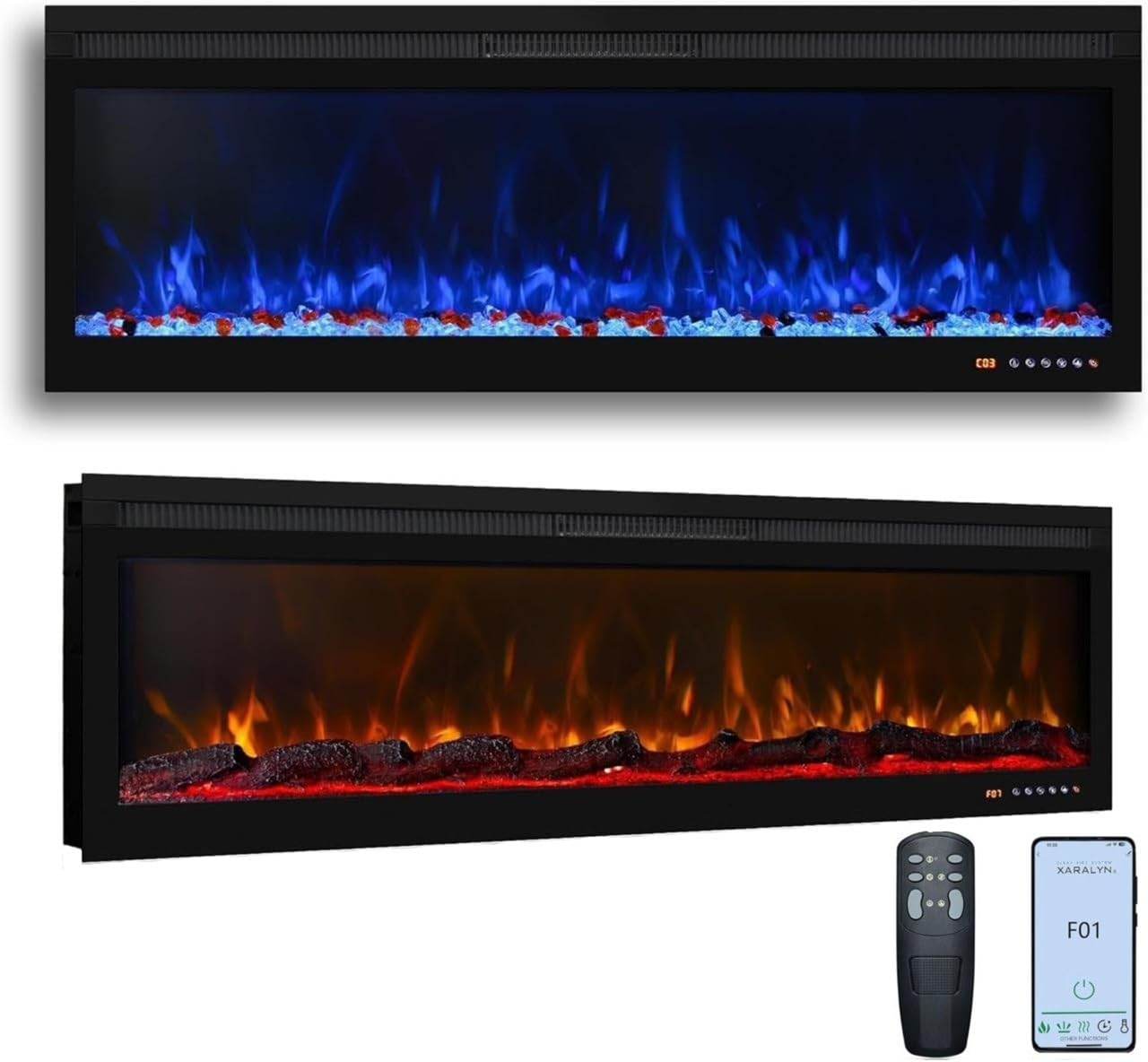 Weka Fireplace Heater, Wi-Fi Enabled Wall Mounted and Recessed Electric Fireplace, Remote & Touch Screen, Log Set & Crystal, 13 Adjustable Flame Color