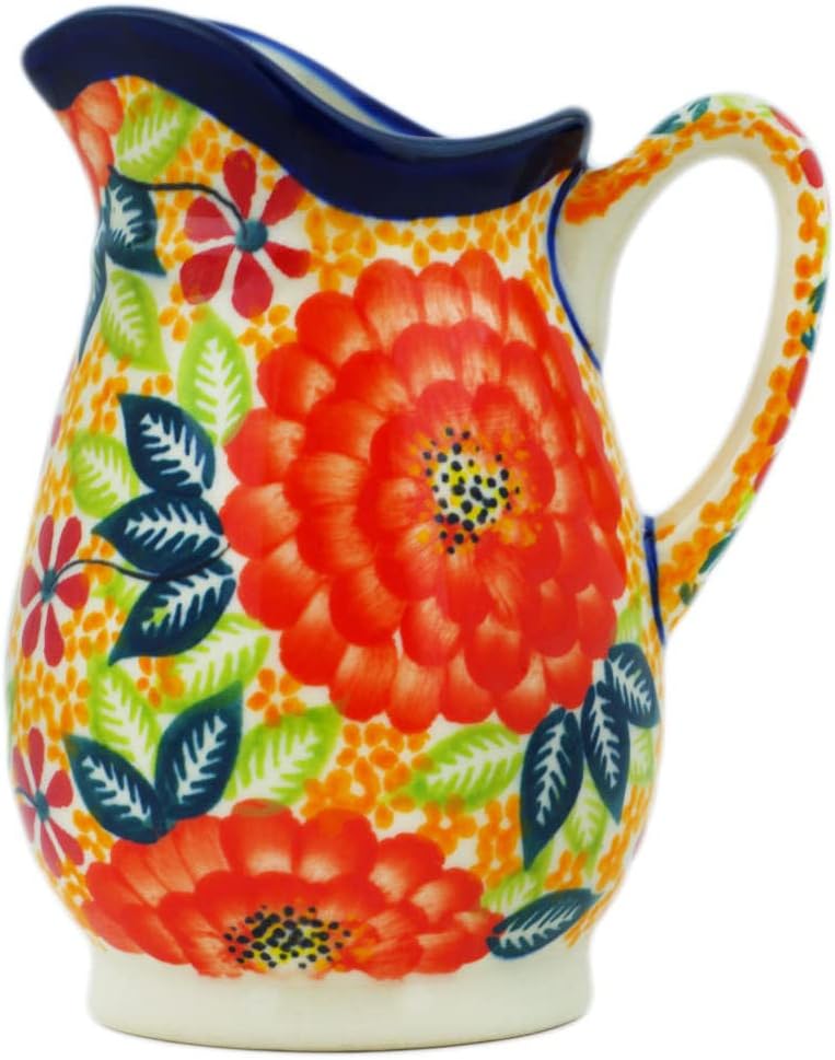 Polmedia Polish Pottery Creamer UNIKAT - Red Fantasy Pattern Handmade in Boleslawiec Poland by Ceramika Bona + Certificate of Authenticity