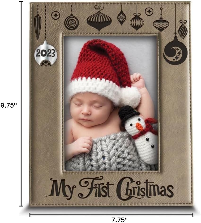 BELLA BUSTA-Personalize My First Christmas keepsake-Child's 1st Holiday Season-Christmas Ornament Theme-Engraved Leather Picture Frame (5x7 Vertical)