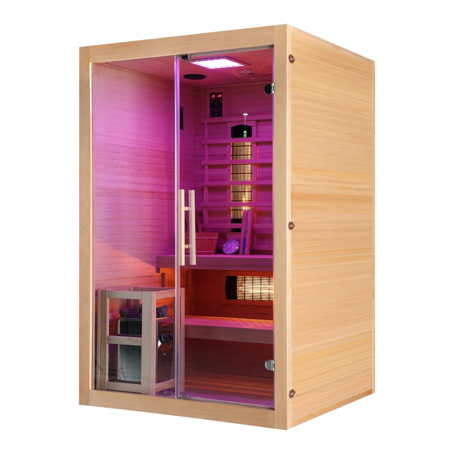 Cabina a infrarossi e sauna finlandese TWINCOMBI – 130 x 120 x 200 cm – per 2 persone, faretto a spettro completo, forno per sauna con pietre per sauna, luce a LED (7 colori), lettore MP3 incluso