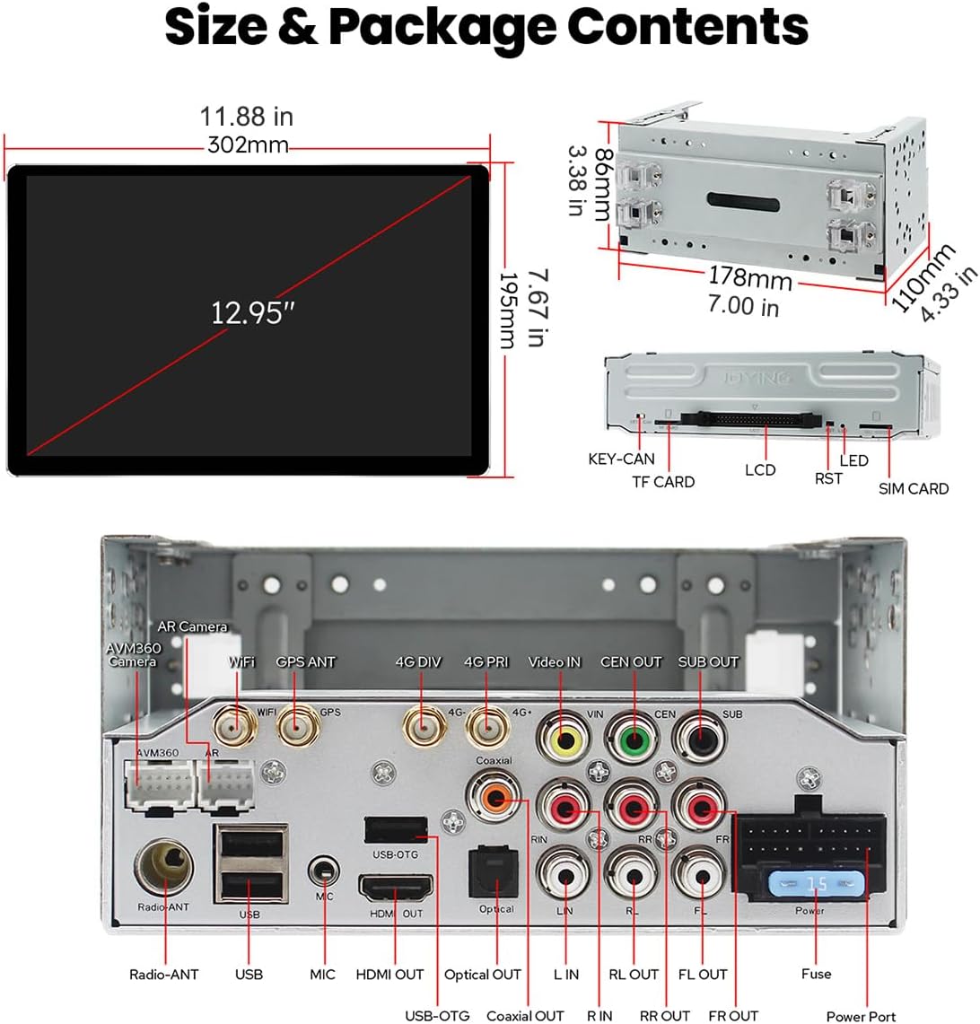 Diagram showing the dimensions and various ports of the car stereo