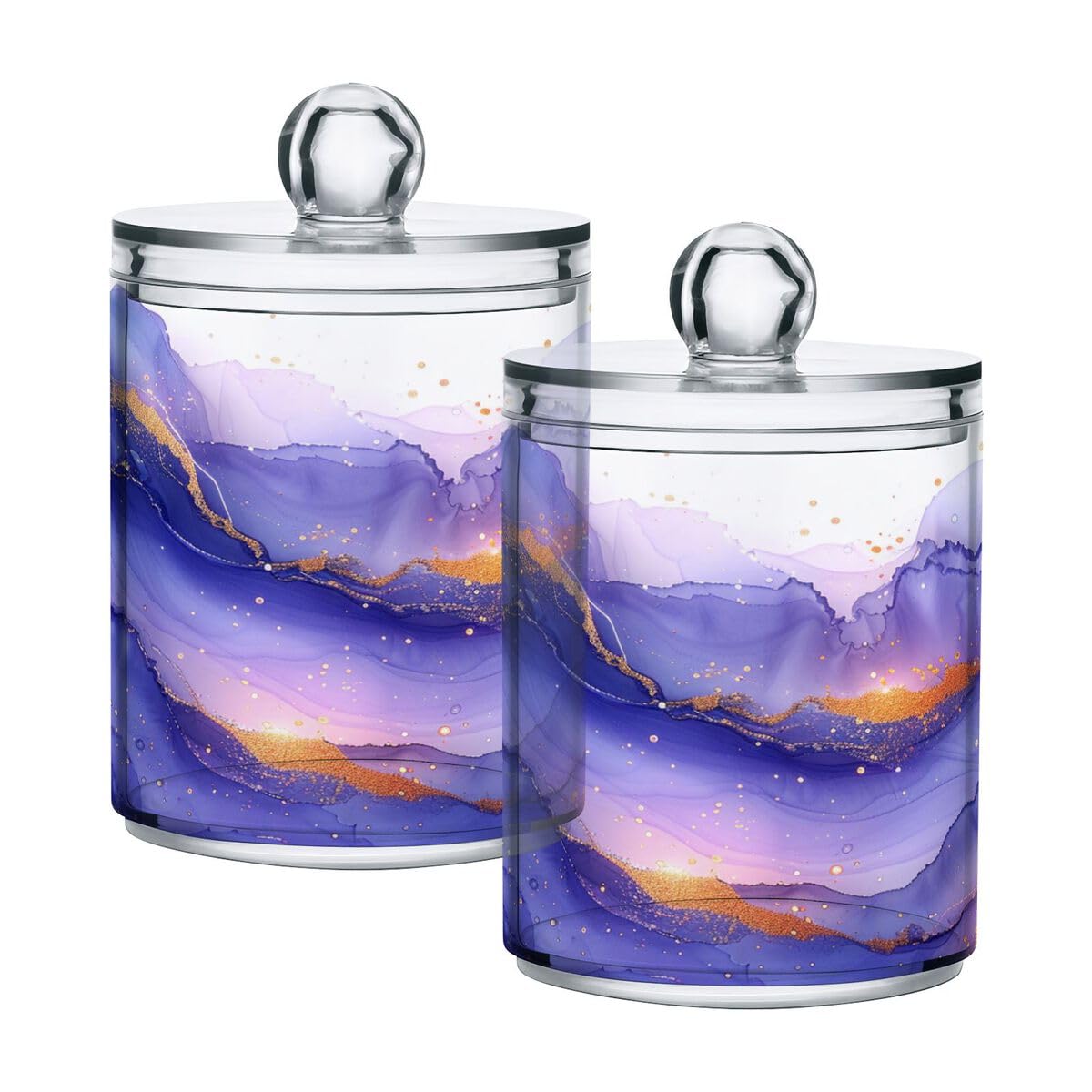 Nander 2Pack Qtip Holder Dispenser -Beautiful Marble Texture Clear Plastic Apothecary Jars Set - Restroom Bathroom Makeup Organizers Containers for Cotton Swab, Ball, Pads, Floss
