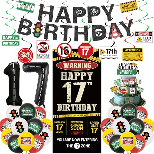 Learner Driver Gifts 17th Birthday - 46 Pcs Learner Driving Banner Hanging Swirls and Backdrop 17th Driver License Car Road Signs Theme Party Supplies for 17 Year Old Birthday Decorations