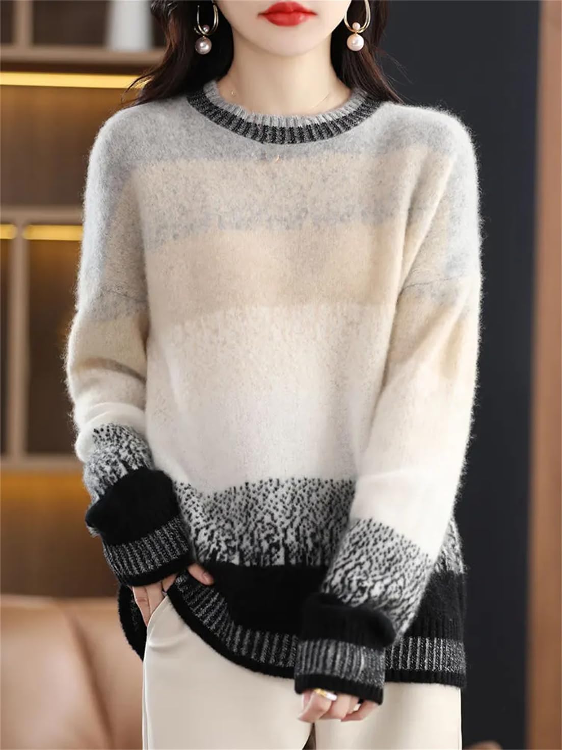 Maglione da Donna in Lana di Cashmere Tinta Unita, Maglione con Scollo A O, Top Casual con Blocchi di Colore Sfumati
