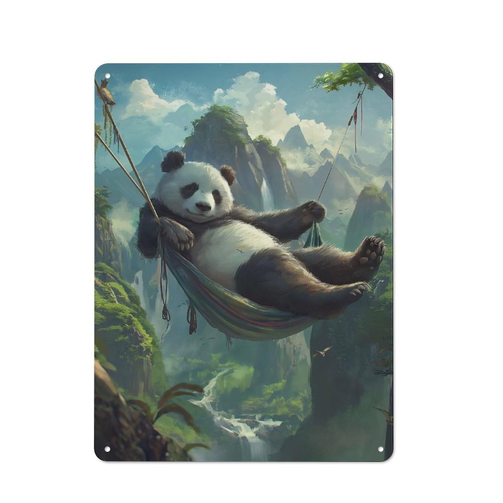 Junmoney Style-16 Industrial Panda Hammock Mountains Decorative Metal Plaque 40X30cm, Studio Wall Art For Flat, Bar, Studio Or Gallery Wall