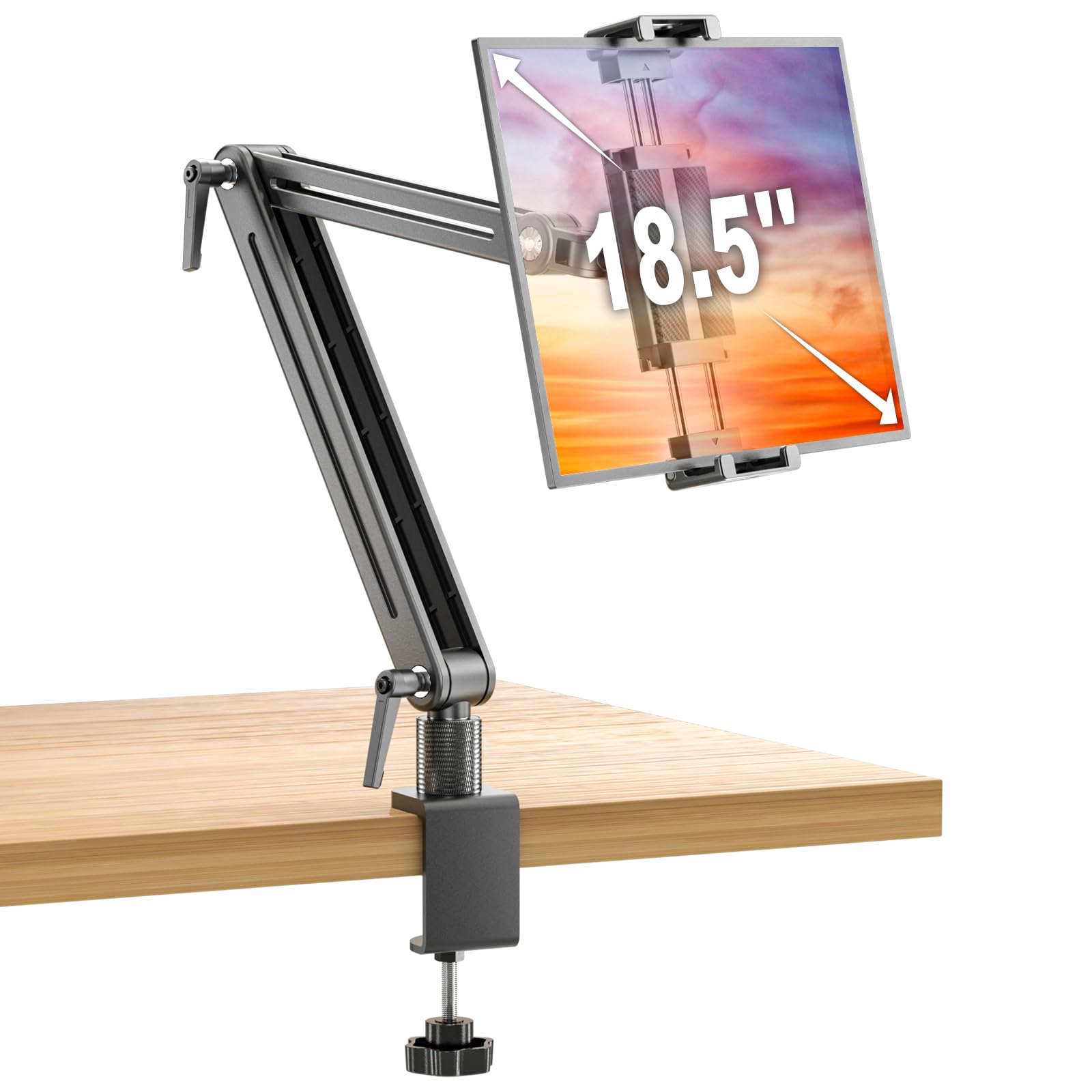Jakeko Supporto da scrivania per tablet e iPad, base girevole a 360°, corpo in alluminio, chiave integrata, stabile, pieghevole, salvaspazio
