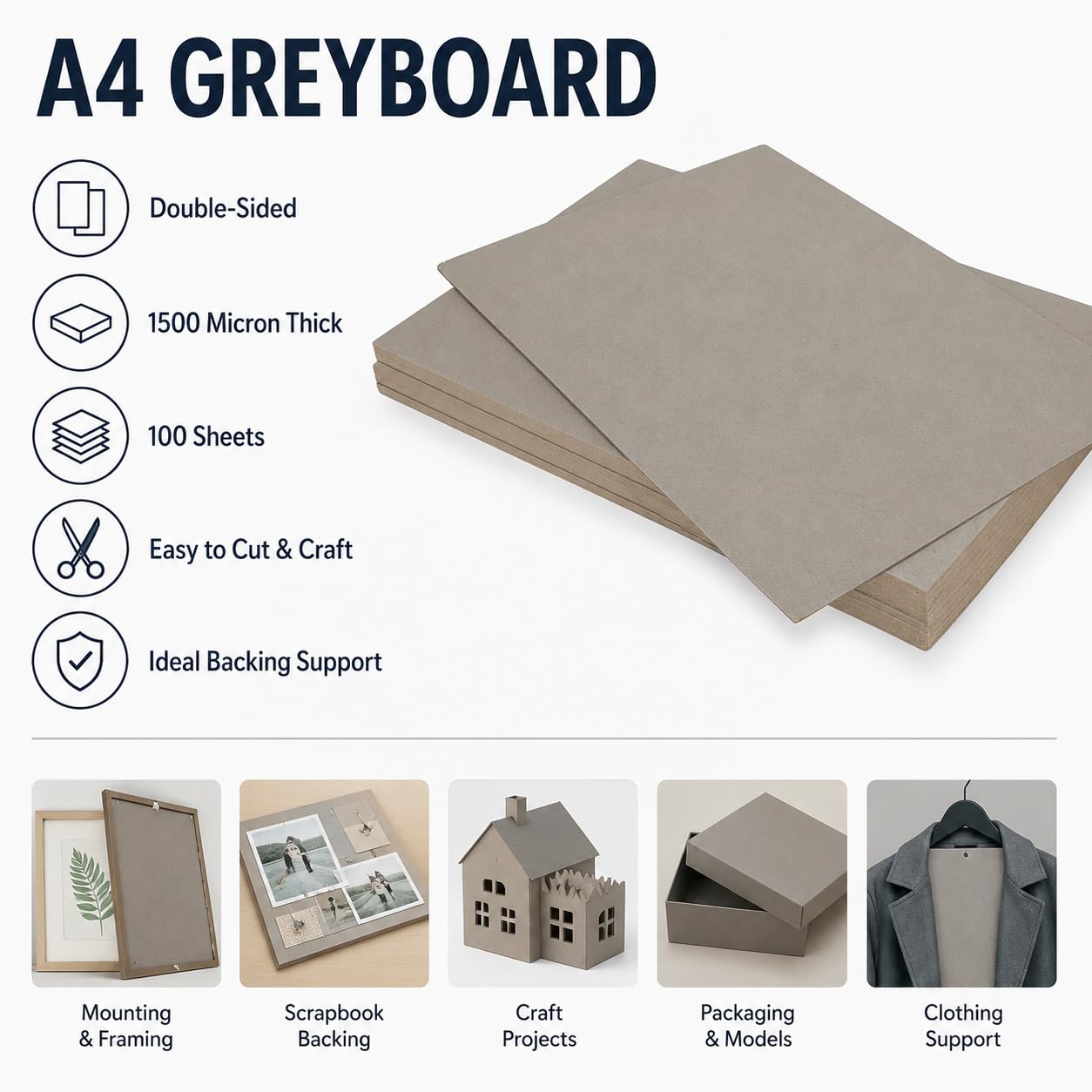 WOPPLXY GreyBoard Lot de 100 Feuilles Cartonnées A4 – 1500 microns – Support A4 – Carte de montage 1,5 mm pour travaux manuels