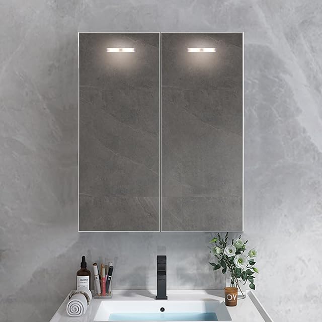 OFCASA 2 Doors Bathroom Mirror Cabinet with LED Sensor Lights Wall Mounted Bathroom Mirror Storage Cabinet with Adjustable Shelf Cabinet for Bathroom Shower Room