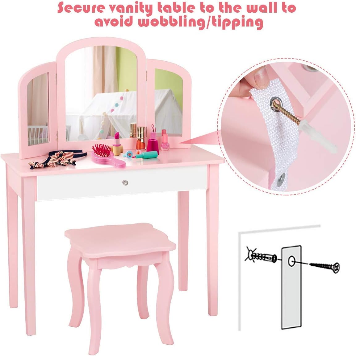 INFANS 2-in-1 Toddler Vanity Table with Stool & Tri-Folding Mirror, Princess Makeup Dressing Table with Large Drawer, Pretend Beauty Make Up Dressing Play Set for Little Girls