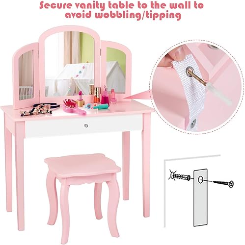 Miniatura 13 de INFANS Mesa de tocador 2 en 1 para niños pequeños con taburete y espejo de tres pliegues, tocador de maquillaje de princesa con cajón grande, juego